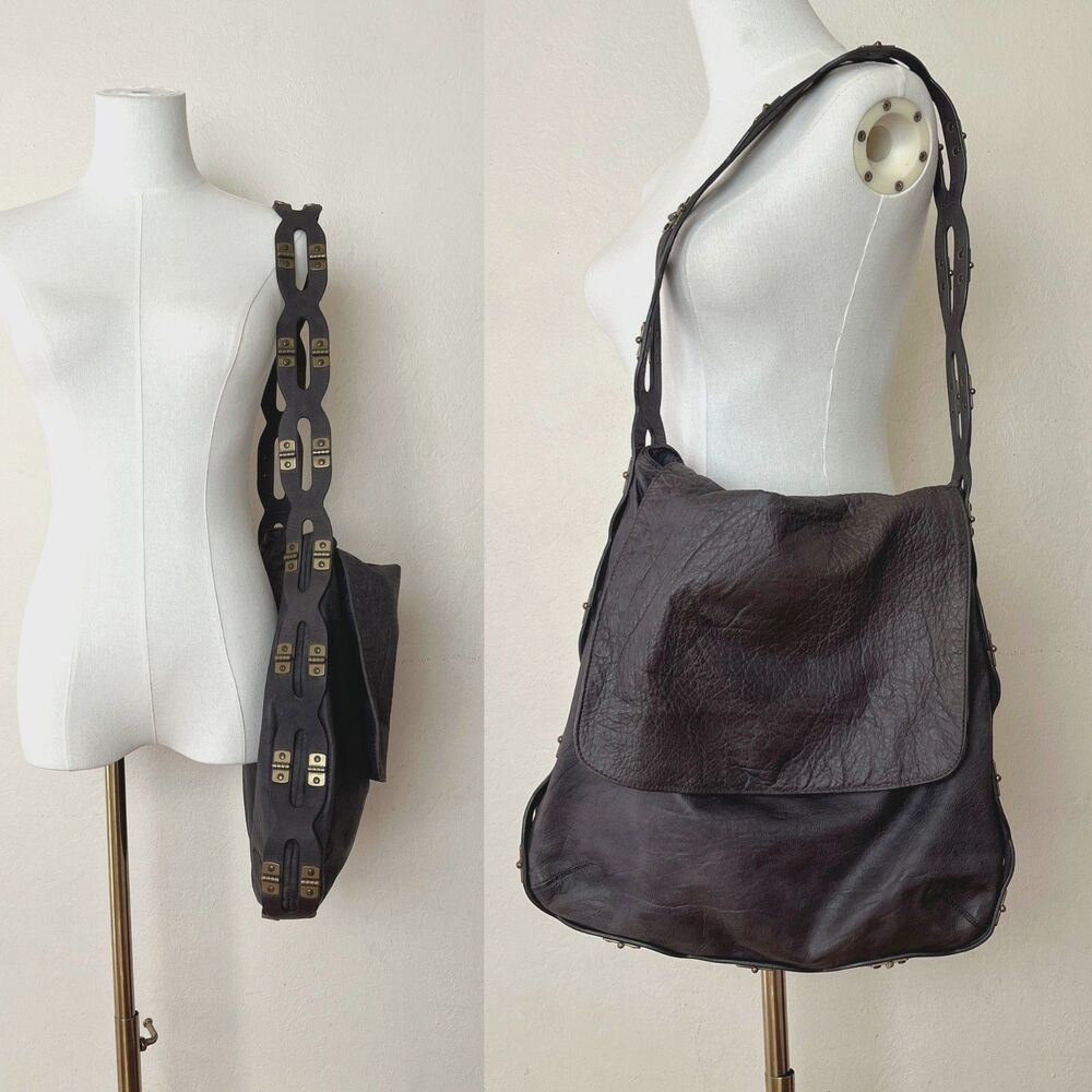 Kooba MEG Dark Eggplant Leather Flap Shoulder Bag Brutalist Hinge Cutout Strap